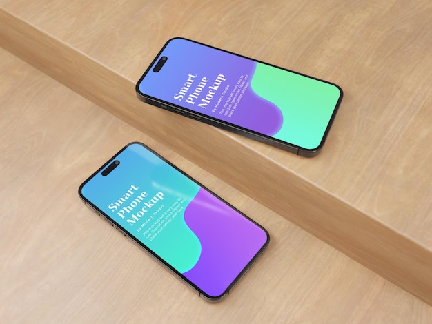 PSD realistic two iphone 14 pro smartphones on a wooden table mockup