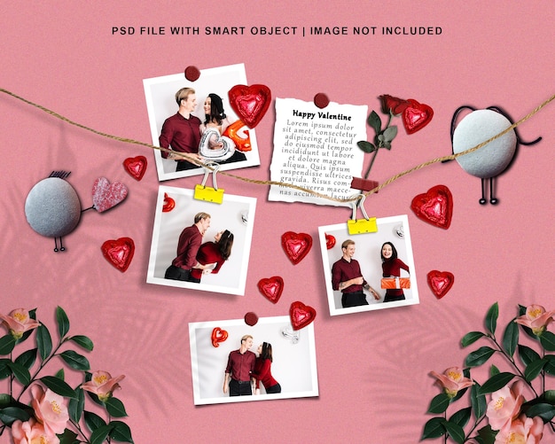 PSD mockup di cornice per foto realistiche di san valentino con psd premium