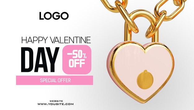 PSD modello di banner di vendita del giorno di san valentino realistico 3d render heart gold lock