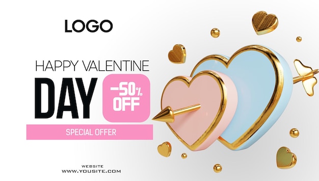 PSD realistic valentines day sale banner template 3d render heart gold lock