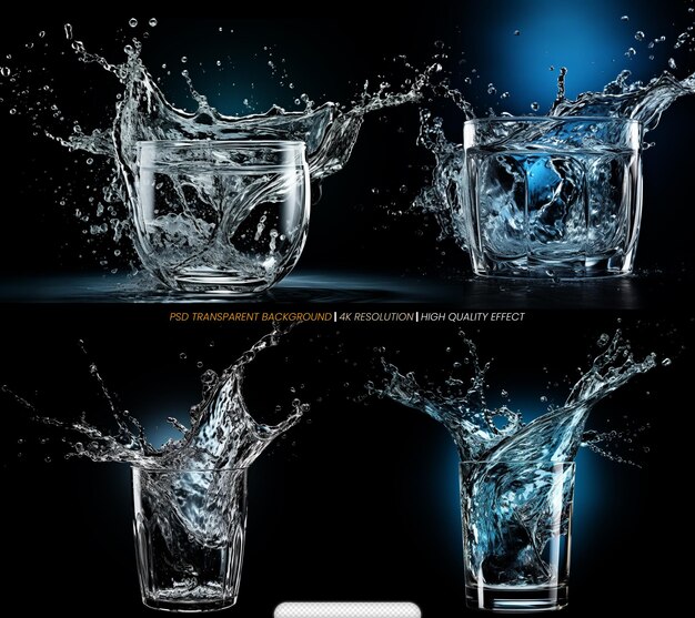 PSD realistic water splash in glass effect transparent background