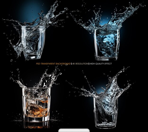 PSD realistic water splash in glass effect transparent background