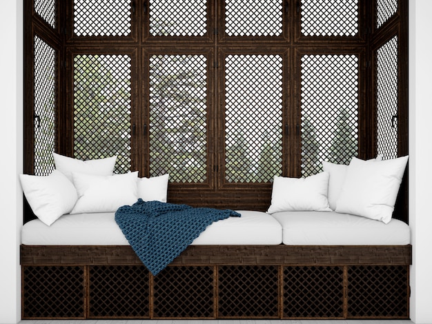 realistic white cushions on a rustic sofa