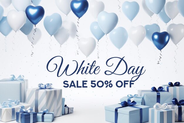 PSD realistic white day celebration sale white and blue heart background social media banner