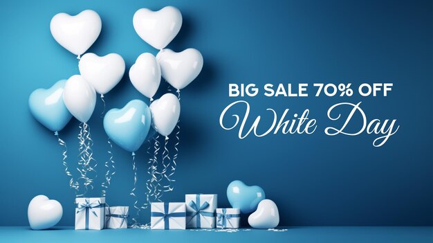 PSD realistic white day celebration sale white and blue heart background social media banner