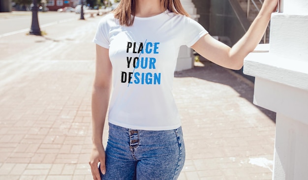 Realistic white female Tshirt mockup