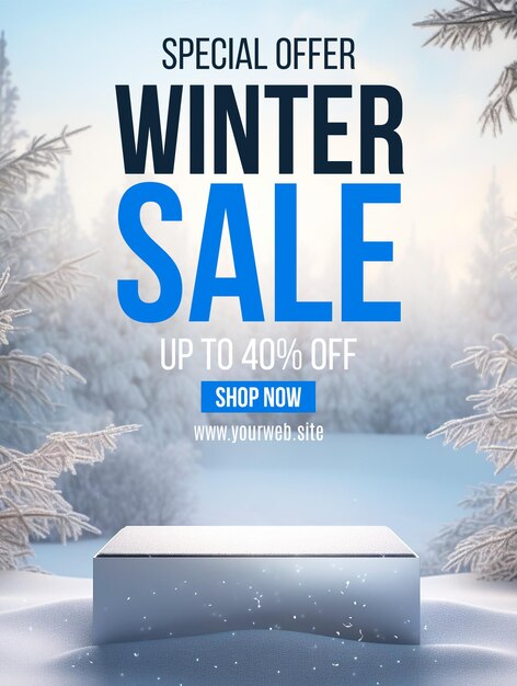 Realistic winter sale poster template with podium that stands on the frozen grass for product