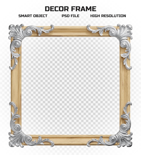 Realistic wooden border frame with silver pattern in high resolution for picture decoration