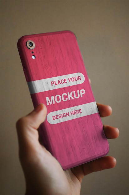 PSD realistic wooden phone case mockup with textures holding on hand