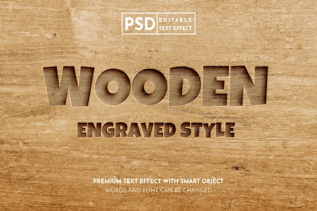 PSD effetto di testo in legno realistico con stile inciso