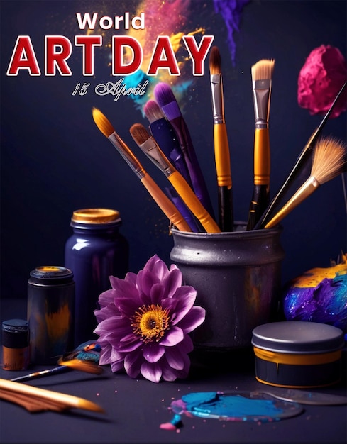 PSD realistic world art day and black background with beautiful brushes front view