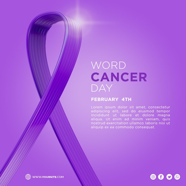 Realistic world cancer day 3d ribbon purple for social media post