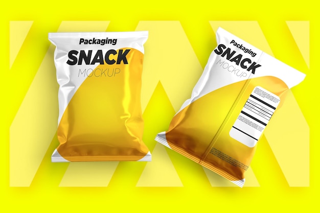 PSD mockup di imballaggio per sacchetto di plastica con sacchetto di snack giallo realistico psd premium