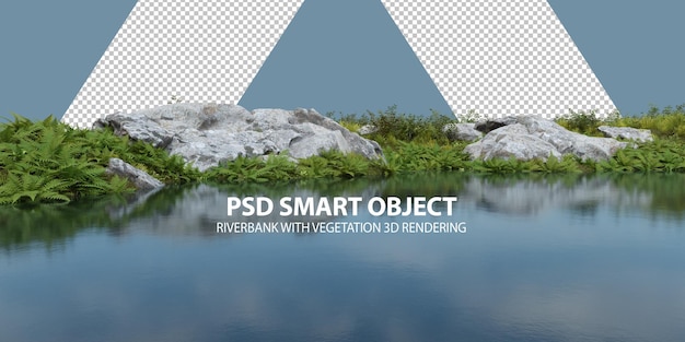 Realistinen joenrantamaisema kasvillisuudella, 3d-renderöidä eristetyt objektit