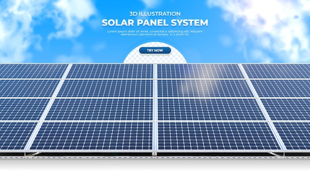 Realistisch 3D illustratie zonnepaneelsysteem met sky bakground