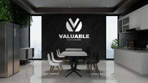 Realistisch 3d-model met bedrijfsmuurlogo in modern cafébar-interieur of pantryruimte op kantoor