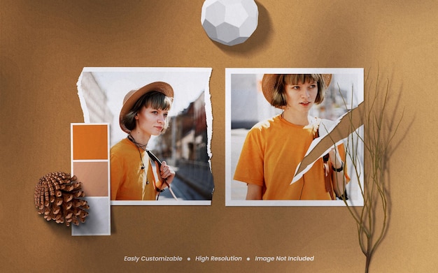 Realistisch en minimalistisch moodboard polaroid foto gescheurd papier frame mockup met schaduwoverlay