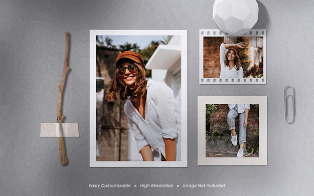 Realistisch en minimalistisch moodboard polaroid foto gescheurd papier frame mockup met schaduwoverlay