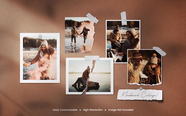 Realistisch en minimalistisch moodboard polaroid gescheurd fotopapier filmframe mockup met schaduwoverlay