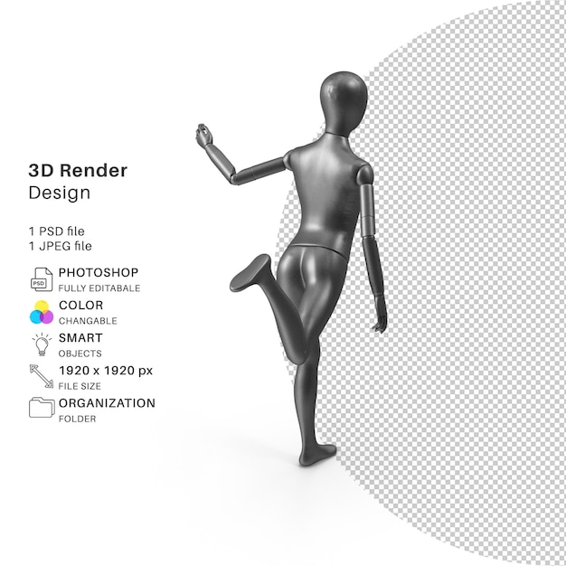 Realistisch flexibel kindermannequin balancerend pose 3d-modellering psd-bestand