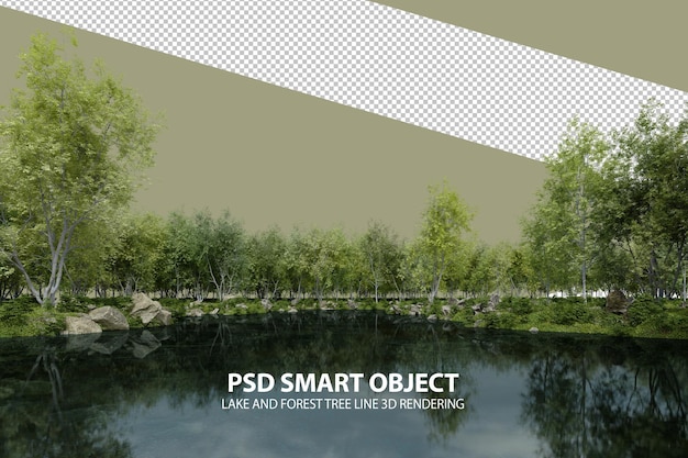 PSD realistisch meer en bos boomgrens 3d-weergave van geïsoleerde objecten