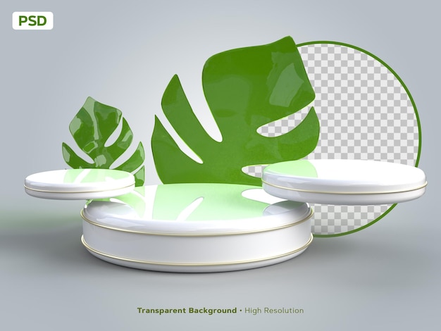 PSD realistisch minimalistisch podium met productweergave van groen blad. witte en gouden elementen