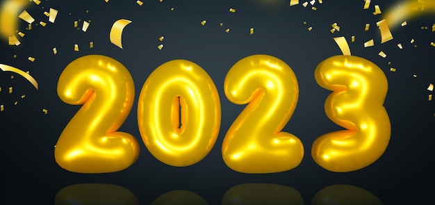 Realistisch ontwerp groet nieuwjaar 2023 met 3d gouden ballon en confetti