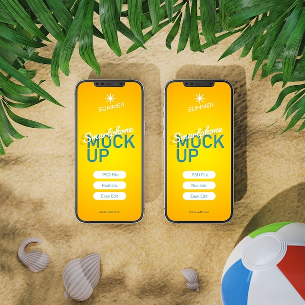 Realistisch schermmodel voor mobiele telefoons met bal op het strand met schelpen in de zonnige zomer