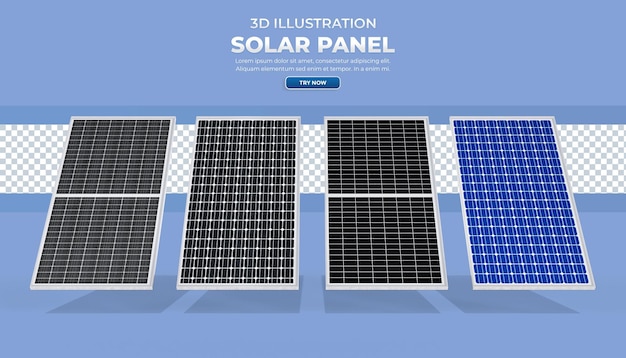 Realistische 3d-afbeelding van 4 soorten zonnepanelen