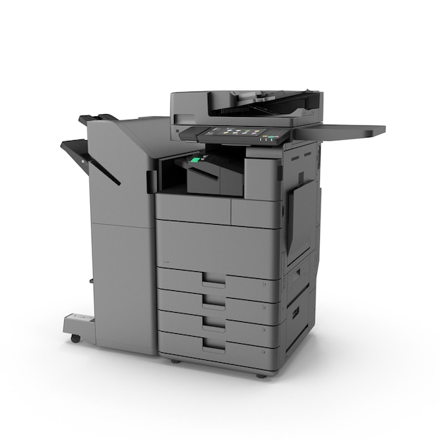 Realistische 3D laser MFP Zwart met boekje finisher PSD-bestanden gedetailleerde kantoor- en drukapparatuur