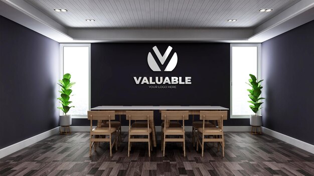 realistische 3D-muurlogo-mockup in de minimalistische houten kantoorvergaderruimte