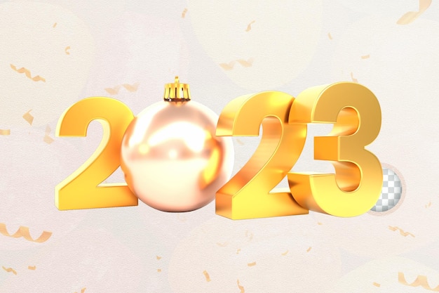 Realistische 3d-rendering 2023 tekst voor nieuwjaarsviering gelukkig nieuwjaar concept