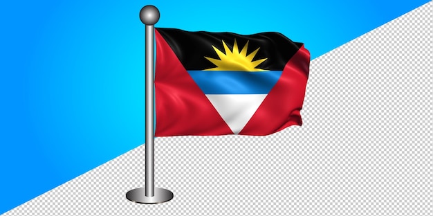 PSD realistische 3d-weergave van de vlag van antigua met paal op een transparante achtergrond