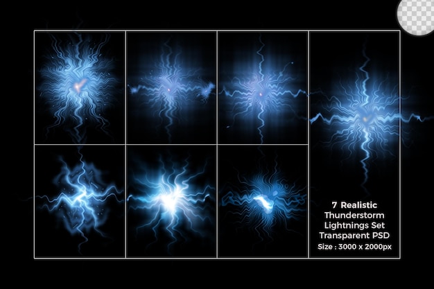 PSD realistische bliksemverzameling van geïsoleerde bliksemschichten op transparante set