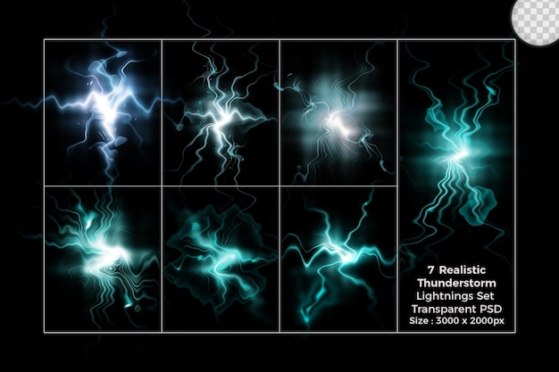 Realistische bliksemverzameling van geïsoleerde bliksemschichten op transparante set