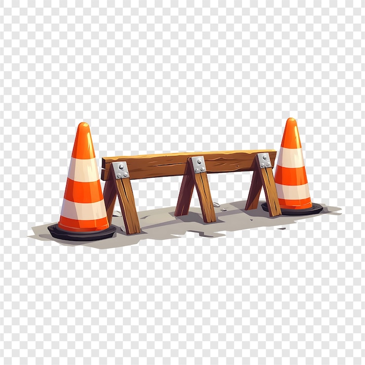 PSD realistische bouwbarrière met geïsoleerde verkeerskegels op een doorzichtige achtergrond