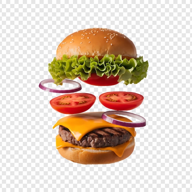 Realistische burger met sla en kaas op doorzichtige achtergrond