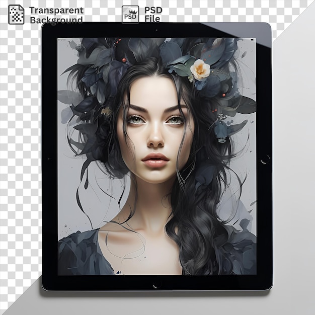 Realistische fotografische illustratoren digitale tablet met een vrouw met zwart haar bruine ogen en een neus versierd met een witte bloem