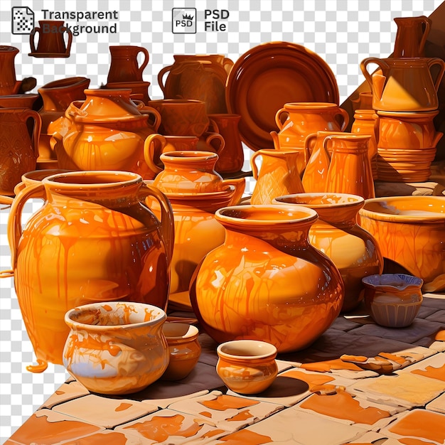 PSD realistische fotografische keramiek kiln display met een verscheidenheid aan vazen en schalen, waaronder een grote oranje vaas een keramische en witte schaal en een witte schotel met