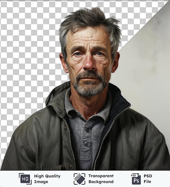 PSD realistische fotografische schilders kunstgalerij portret van een man met een grijze baard kort grijs haar en een grote neus draagt een zwart jasje en grijs en blauw shirt met een