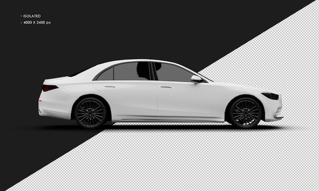 Realistische geïsoleerde glanzend witte luxe moderne sedan auto van rechts zijaanzicht