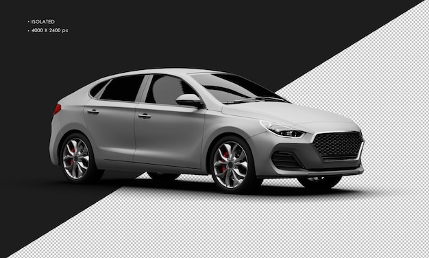 Realistische geïsoleerde matgrijze elegante moderne gezinsauto vanuit rechts vooraanzicht