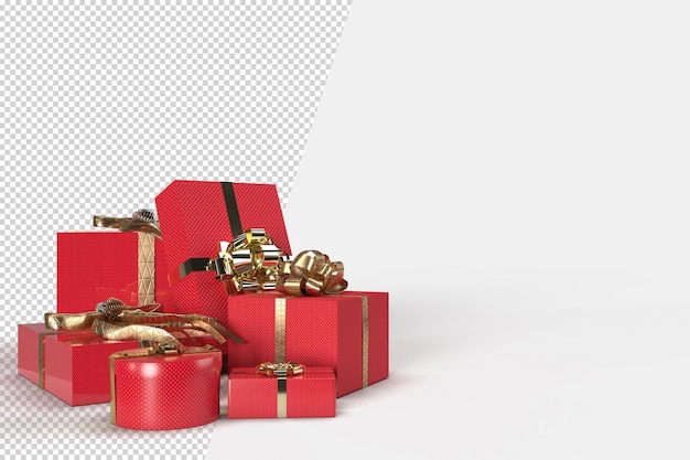 Realistische geschenkdozen. Prettige kerstdagen en gelukkig Nieuwjaar, flyer en brochure, mock-up vakantie decoratief feestelijk object. 3D-rendering