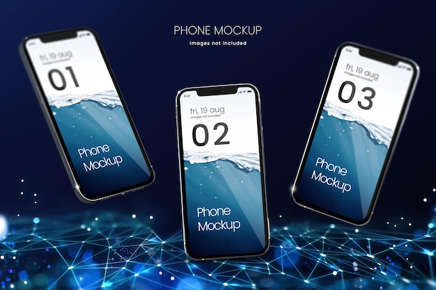 Realistische iphone 13 van drie telefoons op neon geometrische achtergrond