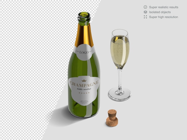 Realistische isometrische geopende champagnefles mockup sjabloon met glas en kurk