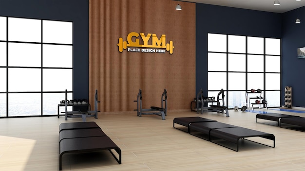 Realistische logo-mockup in de houten gymzaal