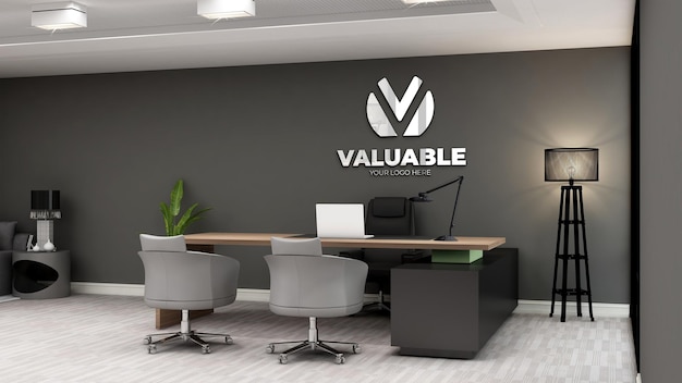 realistische logo-mockup in kantoormanagerkamer met modern interieur