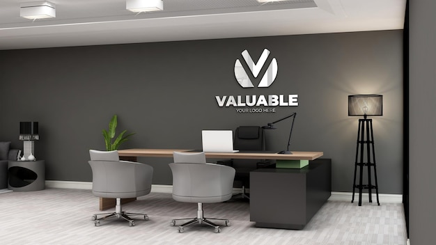 Realistische logo-mockup in kantoormanagerkamer met modern interieur