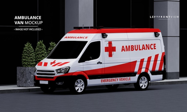 PSD realistische luxe ambulance van car mock up op de straat links vooraanzicht