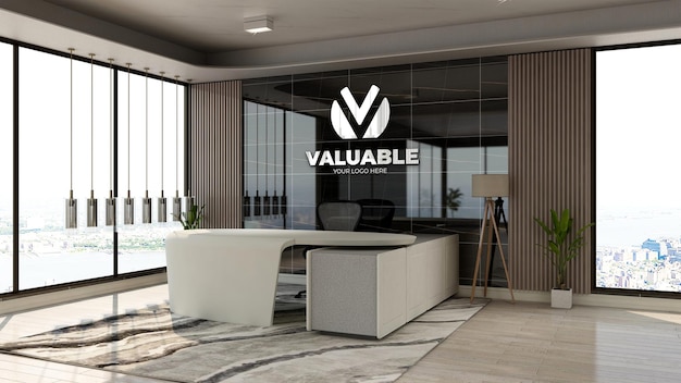 Realistische mockup met 3d-bedrijfslogo in de receptieruimte van het kantoor met luxe designinterieur